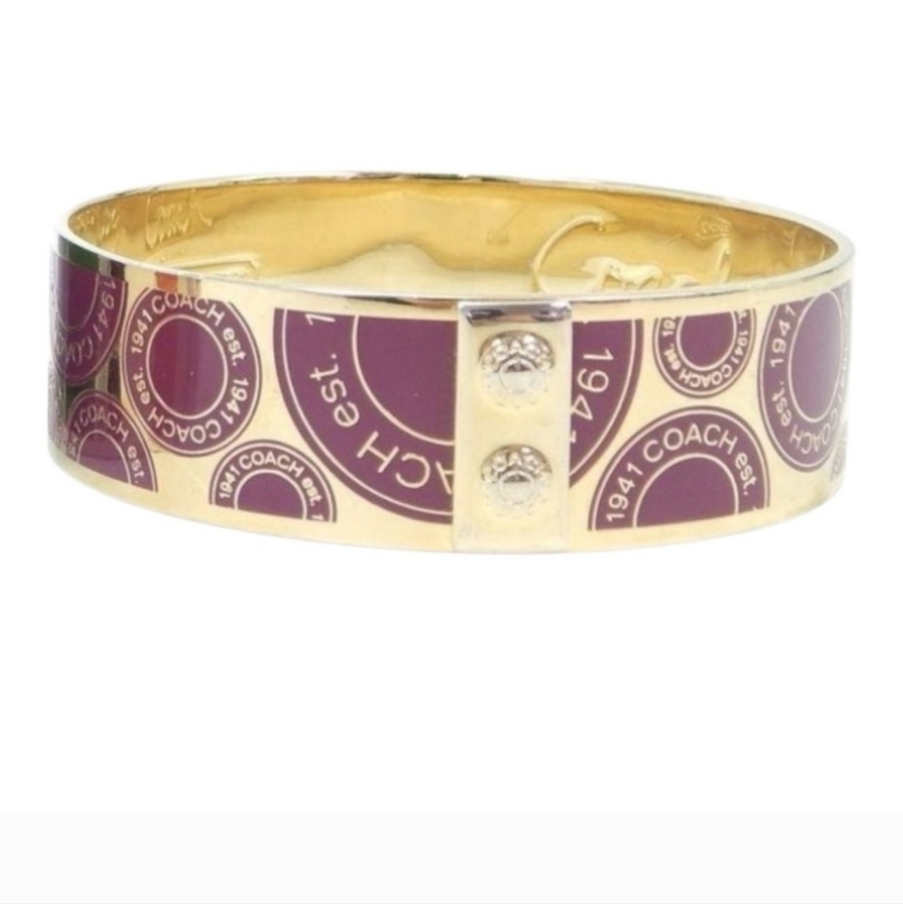 COACH Signature 1941 Disc Maroon Enamel & Gold Tone Bangle Bracelet EUC